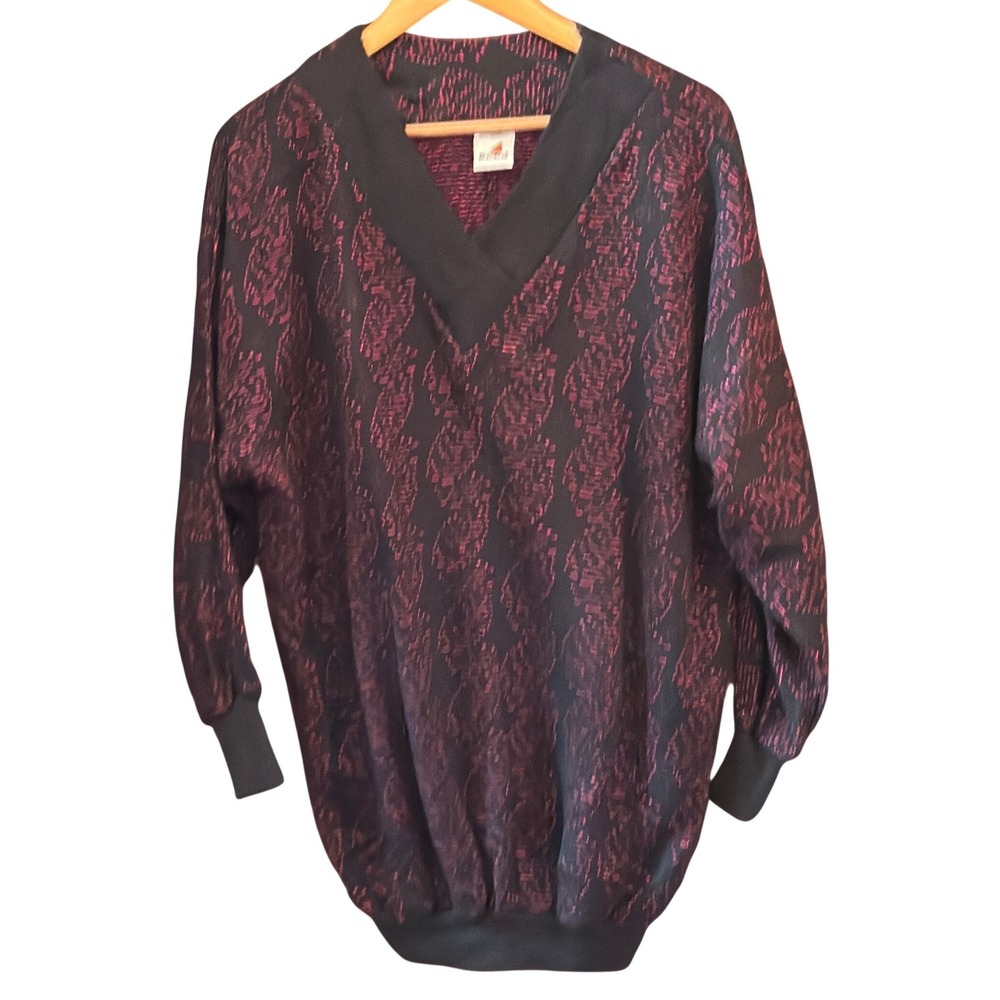Vintage Ecco Knit Sweater 80s Retro New Wave Geometric Magenta Black V-Neck 44